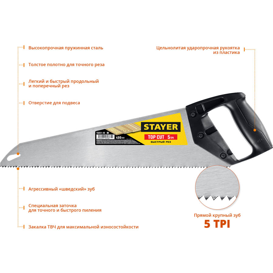 STAYER 5 TPI, 400 мм, ножовка ударопрочная (пила) TopCut 15061-40_z02 купить по цене 440 ₽ в интернет магазине ТЕХСАД