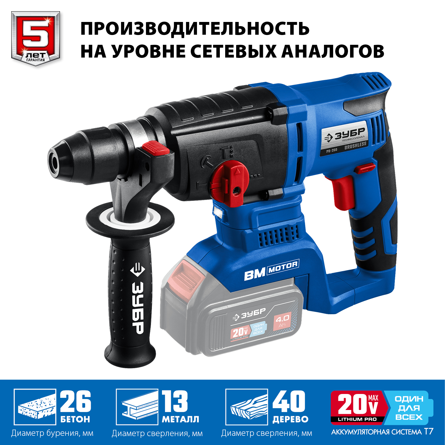 ЗУБР 20В бесщеточный, без АКБ, в коробке, перфоратор PB-260 Профессионал купить по цене 11&nbsp;700 ₽ в интернет магазине ТЕХСАД