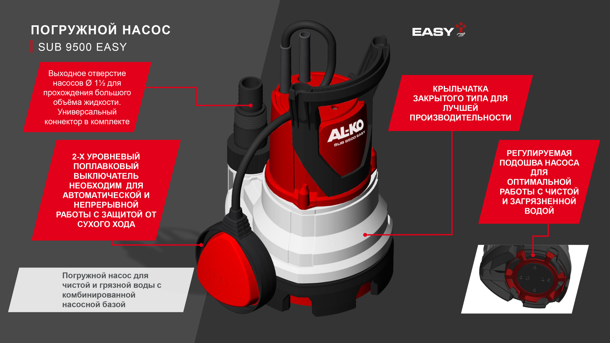 Насос погружной AL-KO Easy DRAIN 9500 купить по цене 4&nbsp;990 ₽ в интернет магазине ТЕХСАД